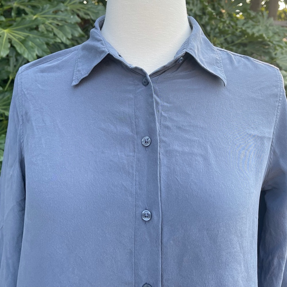 Uniqlo steel blue silk button down blouse